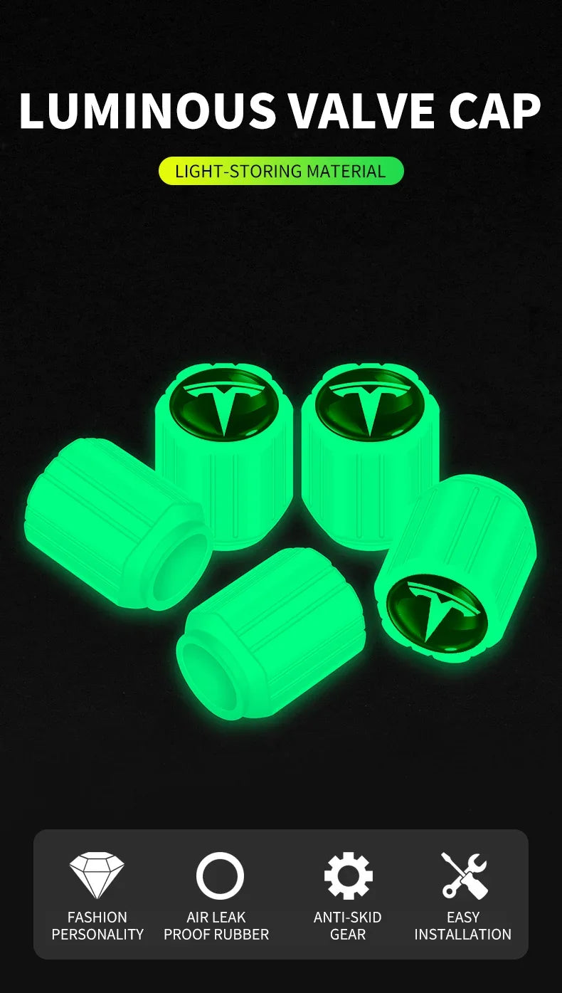 4Pcs Car Tire Valve Cap Luminous Valve Core Cover Universal For Tesla Logo Model 3 Model S Model X Model Y Roadster Bonina Coil