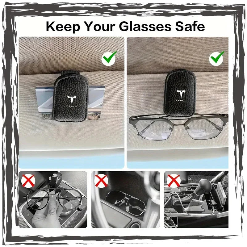 Car glasses frame magnetic PU leather fashion glasses clip For Tesla Model S Model X Model Y Cybertruck Model 3 Model Y