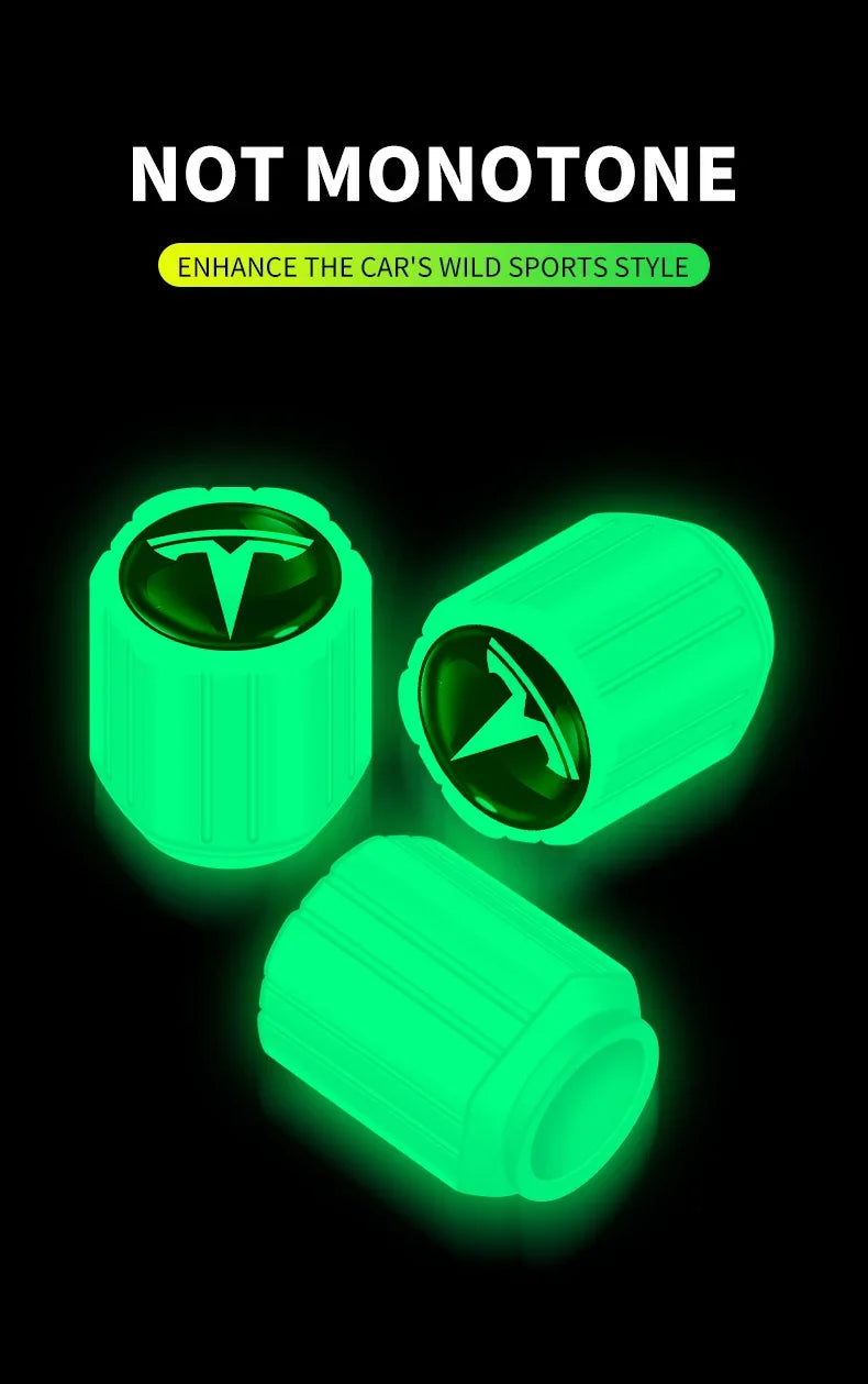 4Pcs Car Tire Valve Cap Luminous Valve Core Cover Universal For Tesla Logo Model 3 Model S Model X Model Y Roadster Bonina Coil