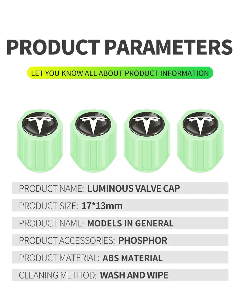4Pcs Car Tire Valve Cap Luminous Valve Core Cover Universal For Tesla Logo Model 3 Model S Model X Model Y Roadster Bonina Coil