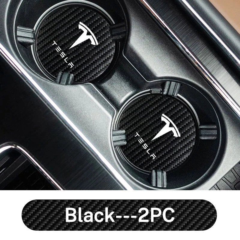2Pcs Car Logo Carbon Leather Water Cup Pad Anti-noise Coaster Mat For Tesla Model 3 Model S X Y Roadster SpaceX Auto Accessories
