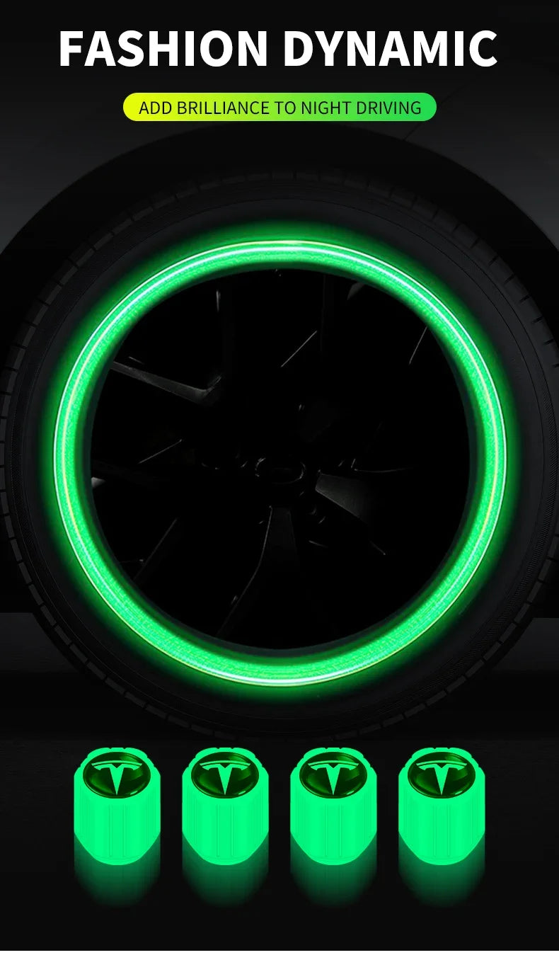 4Pcs Car Tire Valve Cap Luminous Valve Core Cover Universal For Tesla Logo Model 3 Model S Model X Model Y Roadster Bonina Coil