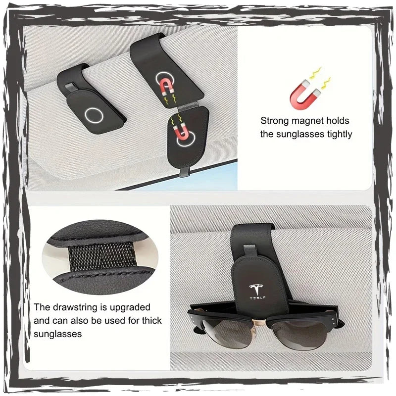 Car glasses frame magnetic PU leather fashion glasses clip For Tesla Model S Model X Model Y Cybertruck Model 3 Model Y