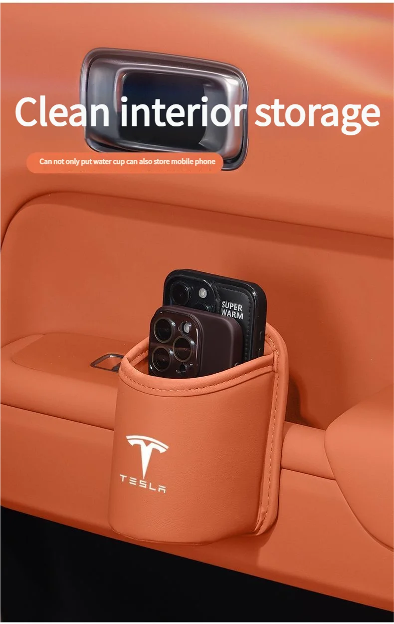 Leather Water Cup Storage Box By The Car Door And Beverage And On The Back Of The Seat For Tesla Model 3 Model S Model X Model Y