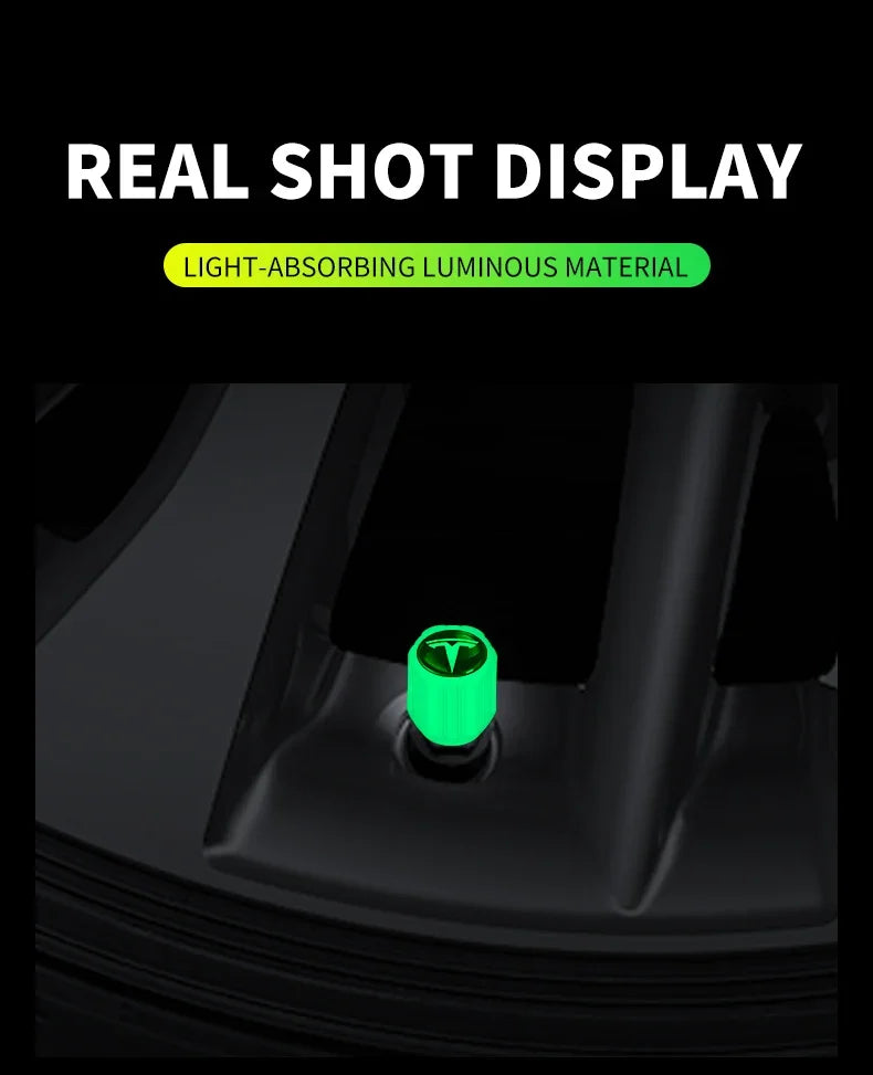 4Pcs Car Tire Valve Cap Luminous Valve Core Cover Universal For Tesla Logo Model 3 Model S Model X Model Y Roadster Bonina Coil
