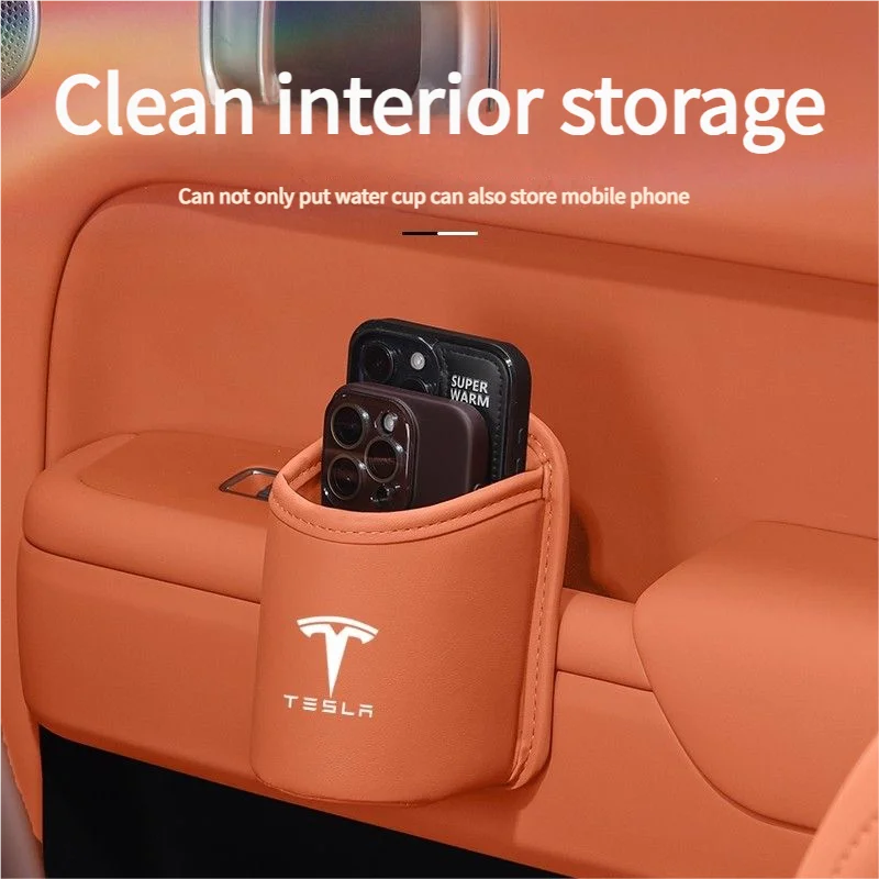 Leather Water Cup Storage Box By The Car Door And Beverage And On The Back Of The Seat For Tesla Model 3 Model S Model X Model Y