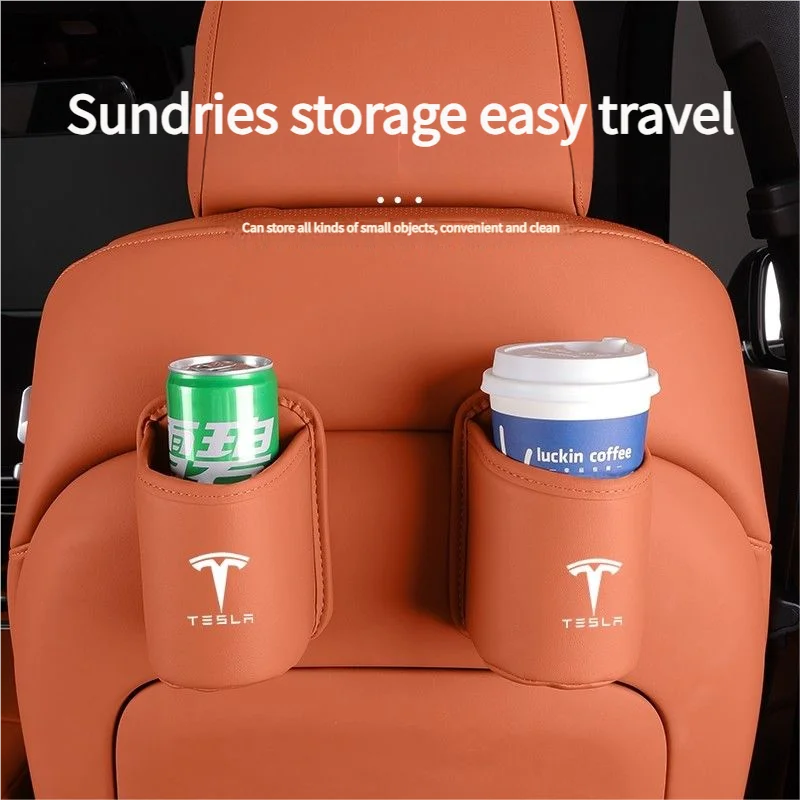 Leather Water Cup Storage Box By The Car Door And Beverage And On The Back Of The Seat For Tesla Model 3 Model S Model X Model Y