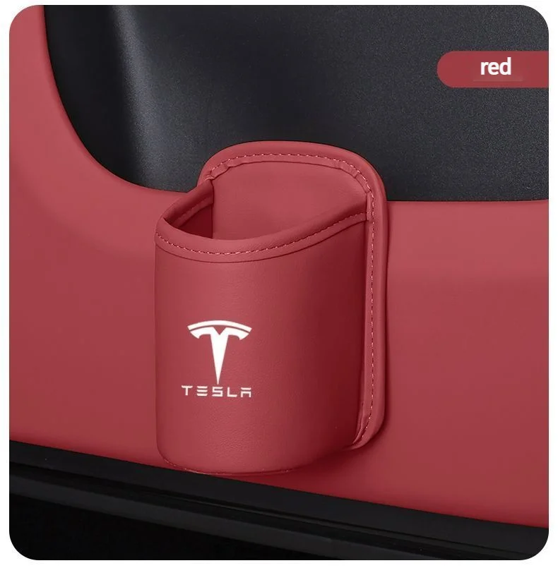Leather Water Cup Storage Box By The Car Door And Beverage And On The Back Of The Seat For Tesla Model 3 Model S Model X Model Y