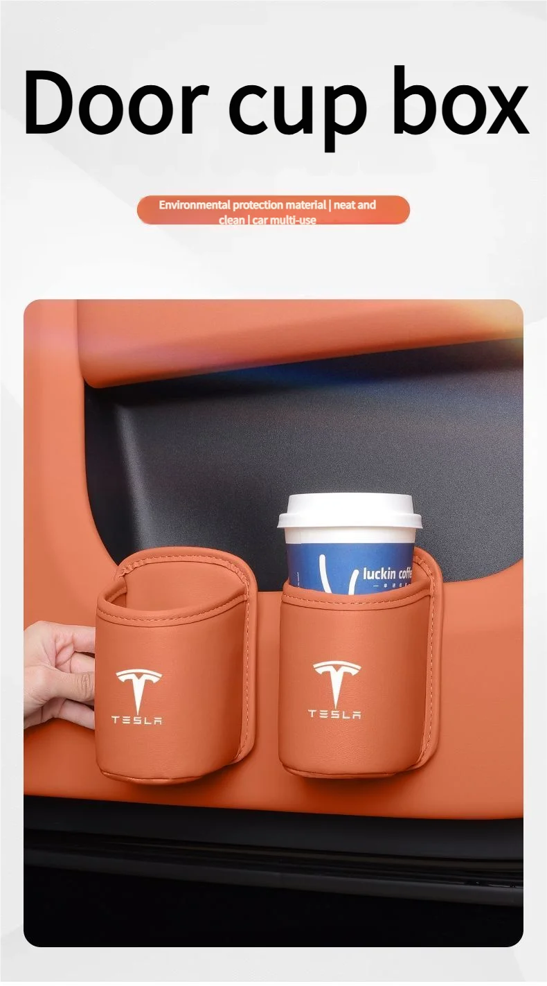 Leather Water Cup Storage Box By The Car Door And Beverage And On The Back Of The Seat For Tesla Model 3 Model S Model X Model Y
