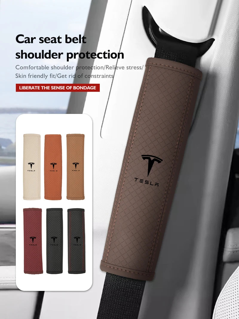 For Tesla Leather Car Seat Embossed Belt Shoulder Cover Protection Pad Model 3 S Y X
