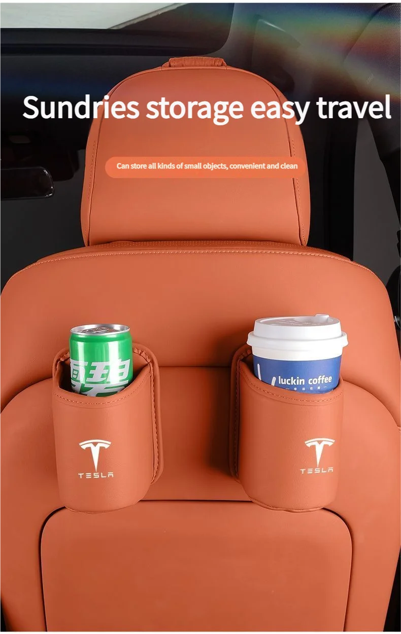 Leather Water Cup Storage Box By The Car Door And Beverage And On The Back Of The Seat For Tesla Model 3 Model S Model X Model Y