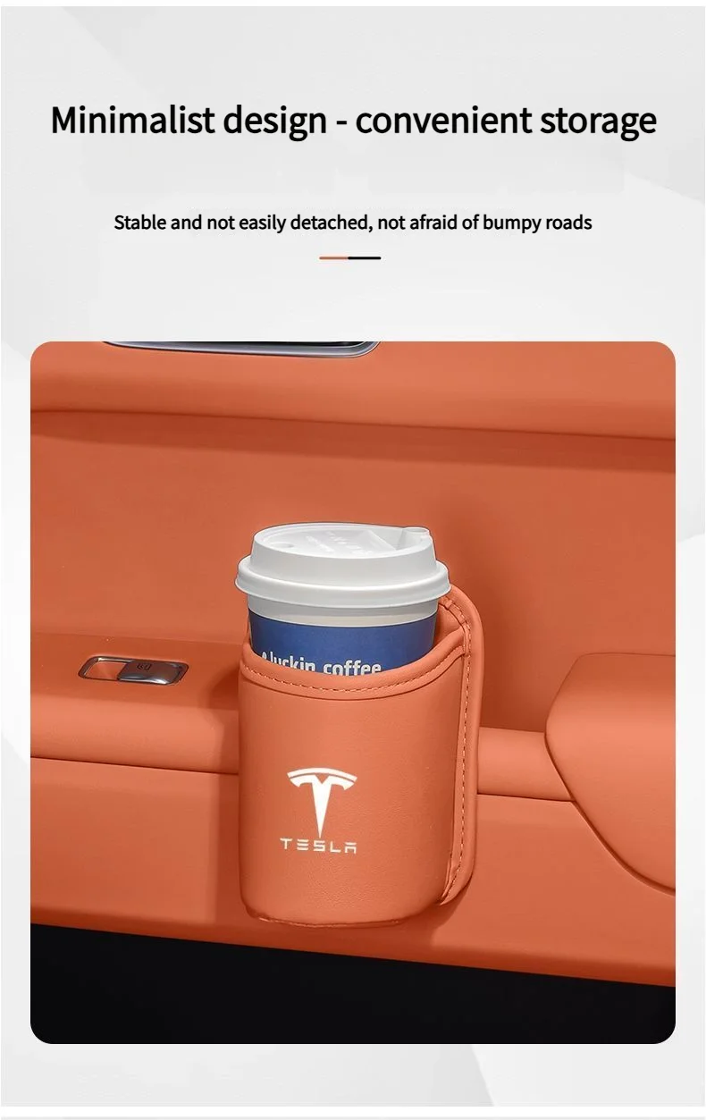 Leather Water Cup Storage Box By The Car Door And Beverage And On The Back Of The Seat For Tesla Model 3 Model S Model X Model Y