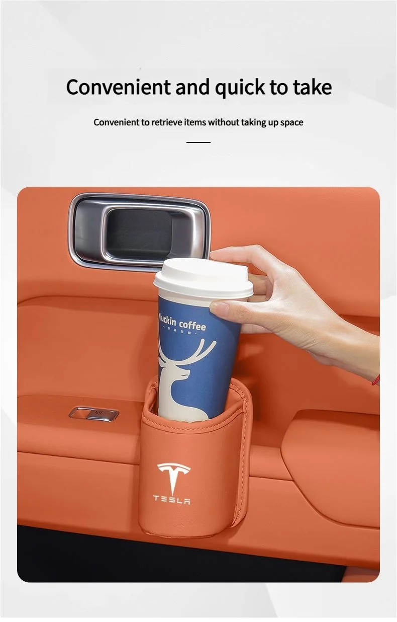 Leather Water Cup Storage Box By The Car Door And Beverage And On The Back Of The Seat For Tesla Model 3 Model S Model X Model Y