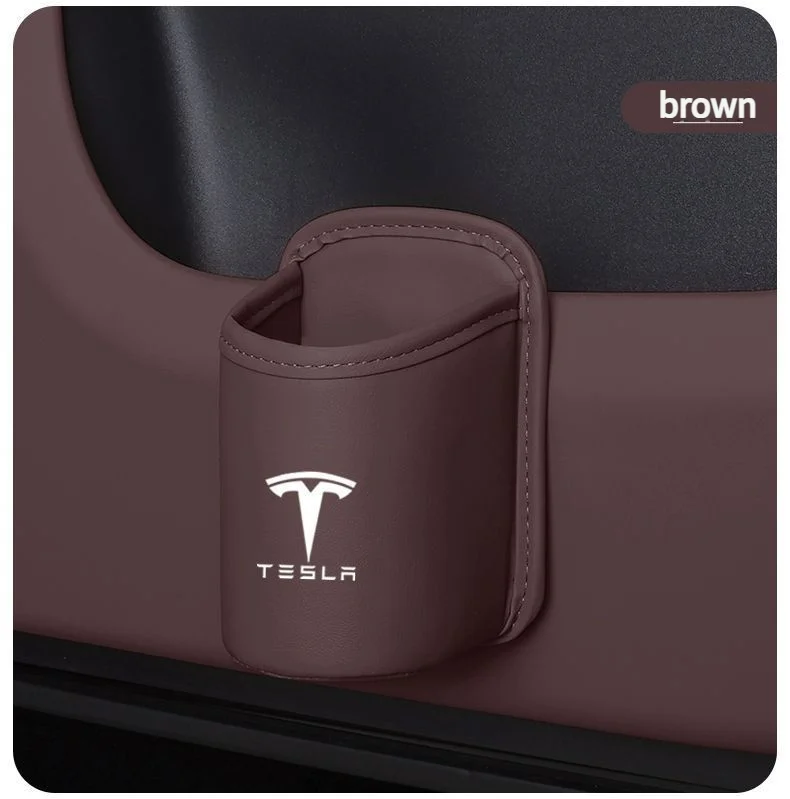 Leather Water Cup Storage Box By The Car Door And Beverage And On The Back Of The Seat For Tesla Model 3 Model S Model X Model Y