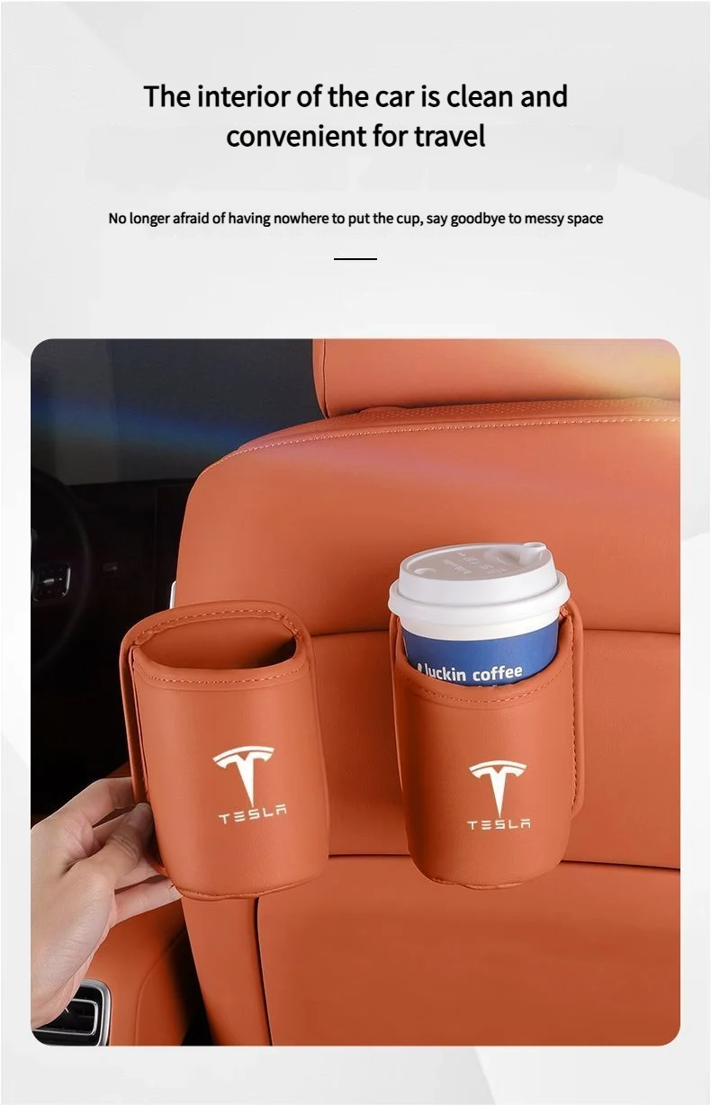 Leather Water Cup Storage Box By The Car Door And Beverage And On The Back Of The Seat For Tesla Model 3 Model S Model X Model Y