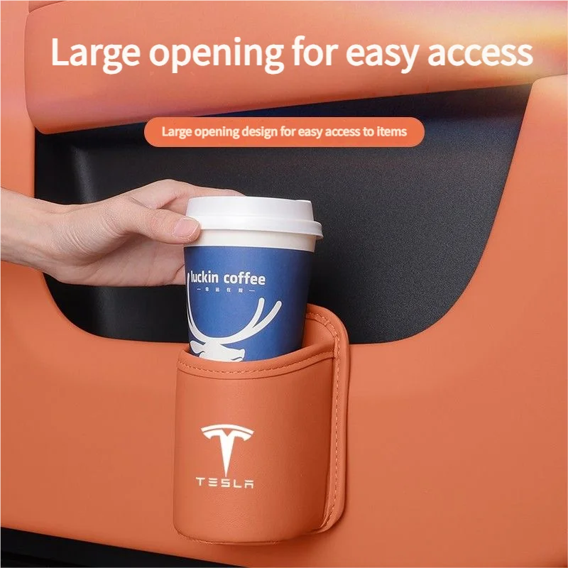 Leather Water Cup Storage Box By The Car Door And Beverage And On The Back Of The Seat For Tesla Model 3 Model S Model X Model Y